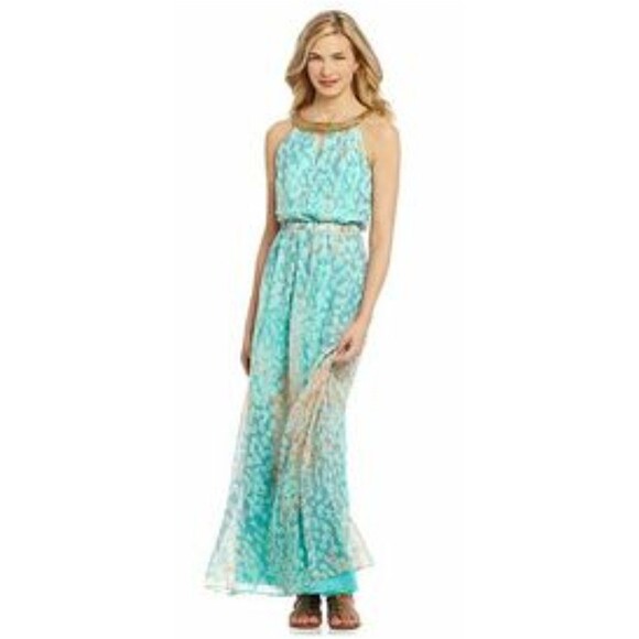 Vince Camuto Blue Printed Watercolor Chiffon Halter Top Gold Beads Maxi Dress 12 - Picture 2 of 10